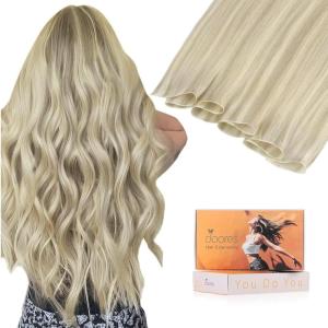 imageDOORES Genius Sew in Weft Extensions Remy 16 Inch Ash Blonde Highlighted Platinum Blonde 50g Wefts Human Hair Sew in Remy Hair Straight