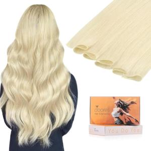 imageDOORES Genius Sew in Weft Hair Extensions Real Human Hair 16 Inch Platinum Blonde 50g Hand Tied Extensions Human for Women