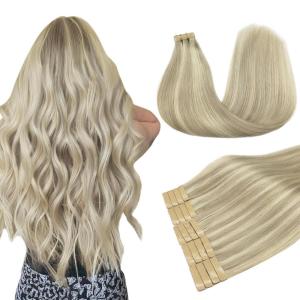 imageDOORES Hair Extensions Real Human Hair Ash Blonde Highlighted Platinum Blonde 18 Inch 50g 20pcs Real Human Hair Extensions Tape in Skin Weft Natural Remy Straight Hair