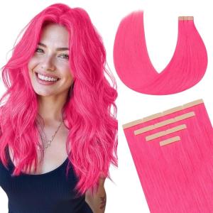 imageDOORES Hair Extensions Real Human Hair Hot Pink 18 Inch 25g 10pcs Tape in Skin Weft Natural Remy Straight Hair Extensions
