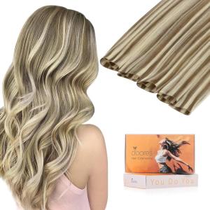 imageDOORES Hand Tied Weft Hair Extensions Human Hair 18 Inch Ash Brown to Platinum Blonde 50g Hair Extensions Human Hair Natural Straight