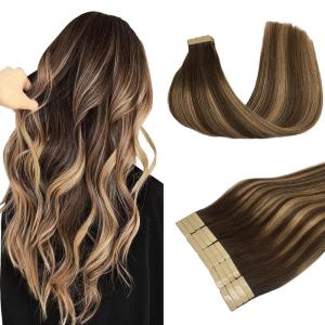 imageDOORES Human Hair Extensions Tape in Balayage Chocolate Brown to Caramel Blonde 18 Inch Natural Tape in Hair Extensions Seamless Straight Real Remy 50g 20pcs