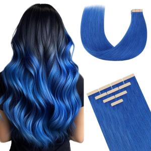 imageDOORES Human Hair Extensions Tape in Blue Tape in Hair Extensions 18 Inch 10pcs 25g Tape in Hair Extensions Real Hair Extensions Straight Hair