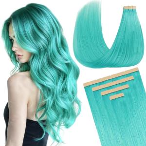 imageDOORES Human Hair Extensions Teal Green Tape Straight 25g 10pcs 16 Inch