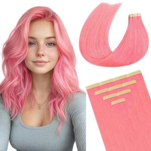 imageDOORES Human Hair Tape in Extensions Peach Pink Tape ins 18 Inch 25g 10pcs Tape in Hair Extensions Human Hair Skin Weft Natural Remy Straight Hair