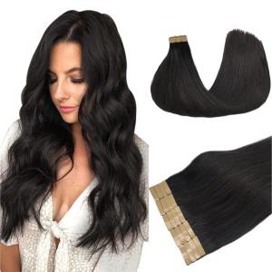 imageDOORES Natural Black 18 Inch 20pcs 50g Tape in Human Hair Extensions Remy Seamless Straight Real Human Hair Extensions Tape in