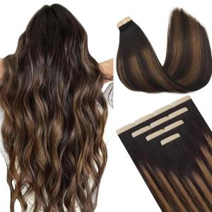 imageDOORES Tape in Hair Extensions Balayage Dark Brown to Chestnut Brown 25g 10pcs 18 Inch Remy Straight Hair Skin Weft