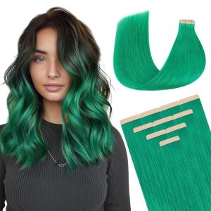 imageDOORES Tape in Human Hair Extensions Green Tape 10pcs 25g 16 Inch Real Hair Glue Straight