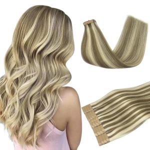 imageDOORES Tape in Human Hair Extensions Light Brown Highlighted Medium Blonde 22 Inch 50g 20pcs Remy Straight Hair