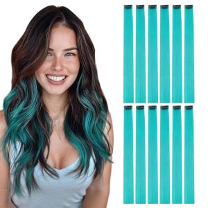 imageDOORES 22 Inch Colored Clip in Hair Extensions 12 Pcs Sky Blue Hair Extensions Party Highlights Gift Scene Hair Extensions Colorful Hairpieces Gifts for Girls Synthetic Hairpiece Straight Sky BlueTeal blue