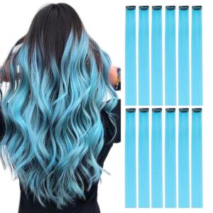 imageDOORES 22 Inch Colored Clip in Hair Extensions 12 Pcs Sky Blue Hair Extensions Party Highlights Gift Scene Hair Extensions Colorful Hairpieces Gifts for Girls Synthetic Hairpiece Straight Sky BlueSky blue
