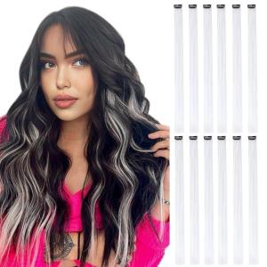 imageDOORES 22 Inch Colored Clip in Hair Extensions 12 Pcs Sky Blue Hair Extensions Party Highlights Gift Scene Hair Extensions Colorful Hairpieces Gifts for Girls Synthetic Hairpiece Straight Sky BlueWhite