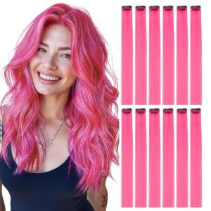 imageDOORES 22 Inch Colored Clip in Hair Extensions 12 Pcs Sky Blue Hair Extensions Party Highlights Gift Scene Hair Extensions Colorful Hairpieces Gifts for Girls Synthetic Hairpiece Straight Sky BlueHotPink