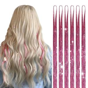 imageDOORES Black Tinsel Hair Extensions 6 Pcs 48 Inch 1200 Strands Stylable Tinsel Wigs For Women Girls Christmas New Year Halloween Cosplay Party Fairy Hair Tinsel Hair Glitter For KidsPink