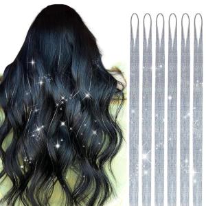 imageDOORES Black Tinsel Hair Extensions 6 Pcs 48 Inch 1200 Strands Stylable Tinsel Wigs For Women Girls Christmas New Year Halloween Cosplay Party Fairy Hair Tinsel Hair Glitter For KidsSilver
