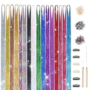 imageDOORES Black Tinsel Hair Extensions 6 Pcs 48 Inch 1200 Strands Stylable Tinsel Wigs For Women Girls Christmas New Year Halloween Cosplay Party Fairy Hair Tinsel Hair Glitter For Kids16 Color