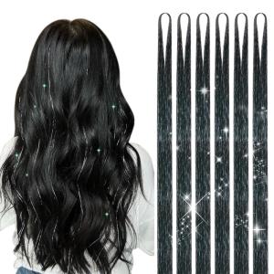 imageDOORES Black Tinsel Hair Extensions 6 Pcs 48 Inch 1200 Strands Stylable Tinsel Wigs For Women Girls Christmas New Year Halloween Cosplay Party Fairy Hair Tinsel Hair Glitter For KidsBlack