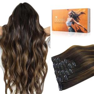 imageDOORES Clip in Hair Extensions Human Hair Extensions Balayage Dark Brown to Chestnut Brown 120g 7pcs 18 Inch Real Human Hair Extensions Clip in Straight Remy Silky Weft