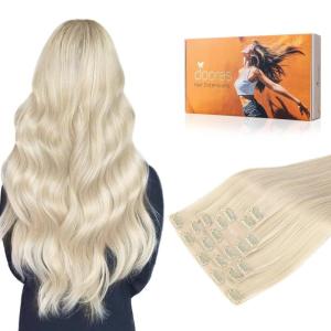 imageDOORES Clip in Hair Extensions Human Hair Platinum Blonde 130g 7pcs 18 Inch Virgin Human Hair Clip in Extensions Silky Straight Weft