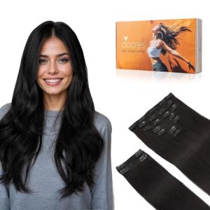 imageDOORES Clip in Hair Extensions Natural Black 18 Inch 150g 9pcs Remy Extensions for Women Clip in Human Hair Thick Silky Weft Gift for Girl