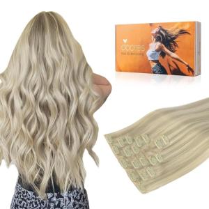 imageDOORES Clip in Hair Extensions Real Human Hair Ash Blonde Highlighted Platinum Blonde 150g 7pcs 20 Inch Invisible Edge