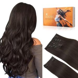 imageDOORES Clip in Hair Extensions Real Human Hair Dark Brown 150g 9pcs 20 Inch Clip in Extensions Real Natural Weft for Women Thick Silky Straight Weft