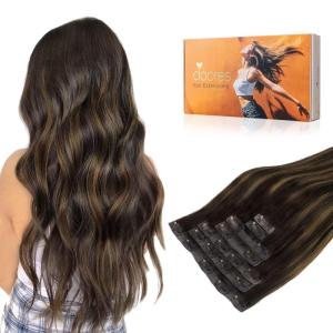 imageDOORES Clip in Hair Extensions Real Human Hair Invisible Edge Dark Brown to Chestnut Brown 18 Inch 130g 7pcs Virgin Thick Straight Natural Weft
