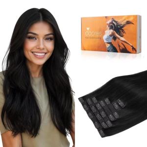 imageDOORES Clip in Hair Extensions Real Human Hair Jet Black 150g 7pcs 20 Inch Invisible Edge Clip in Extensions Long Straight Weft for Women