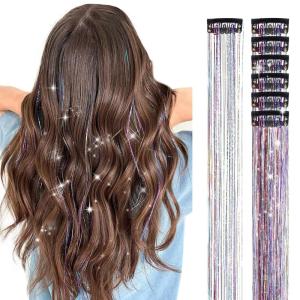 imageDOORES Clip in Hair Tinsel Kit 6 Pcs 24 Inch Rainbow Glitter Tinsel Hair Extensions Girls Women ampamp Kids Heat Resistant Dazzle Fairy Hairstyles Decoration Kit for Birthday Party Christmas HalloweenClipRainbow