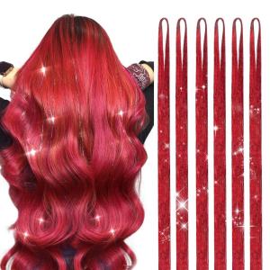 imageDOORES Clip in Hair Tinsel Kit 6 Pcs 24 Inch Rainbow Glitter Tinsel Hair Extensions Girls Women ampamp Kids Heat Resistant Dazzle Fairy Hairstyles Decoration Kit for Birthday Party Christmas HalloweenRed