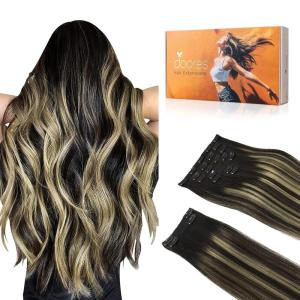 imageDOORES Clipin Hair Extensions Real Human Hair Balayage Natural Black to Light Blonde 18 Inch 150g 9pcs Clipin Extensions Human Hair Natural Thick
