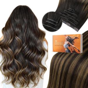 imageDOORES Genius Seamless Clip in Hair Extensions Platinum Blonde 18 Inch 7pcs 120g Human Hair Extensions Seamless Clip ins Weft Straight Hair Invisi Edge Weft262Balayage Dark Brown to Chestnut Brown