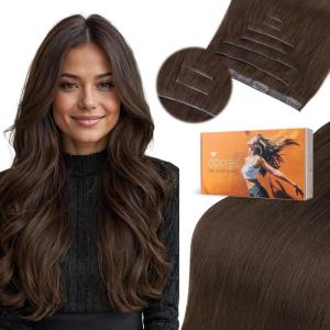 imageDOORES Genius Seamless Clip in Hair Extensions Platinum Blonde 18 Inch 7pcs 120g Human Hair Extensions Seamless Clip ins Weft Straight Hair Invisi Edge Weft4 Chocolate Brown