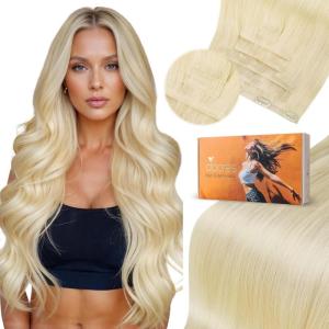 imageDOORES Genius Seamless Clip in Hair Extensions Platinum Blonde 18 Inch 7pcs 120g Human Hair Extensions Seamless Clip ins Weft Straight Hair Invisi Edge Weft60APlatinum Blonde