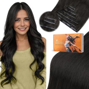imageDOORES Genius Seamless Clip in Hair Extensions Platinum Blonde 18 Inch 7pcs 120g Human Hair Extensions Seamless Clip ins Weft Straight Hair Invisi Edge Weft1BNatural Black