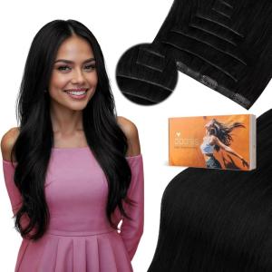 imageDOORES Genius Seamless Clip in Hair Extensions Platinum Blonde 18 Inch 7pcs 120g Human Hair Extensions Seamless Clip ins Weft Straight Hair Invisi Edge Weft1Jet Black