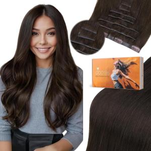 imageDOORES Genius Seamless Clip in Hair Extensions Platinum Blonde 18 Inch 7pcs 120g Human Hair Extensions Seamless Clip ins Weft Straight Hair Invisi Edge Weft2Dark Brown