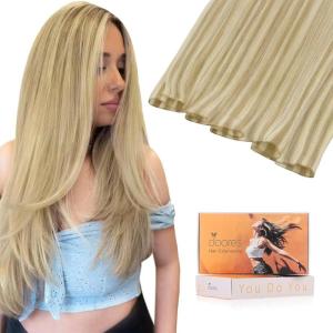 imageDOORES Genius Sew in Hair Extensions Remy Hair 18 Inch Light Blonde Highlighted Golden Blonde 50g Human Hair Extensions Weft Natural Straight