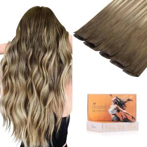 imageDOORES Genius Sew in Weft Real Hair Extensions 20 Inch Balayage Walnut Brown to Ash Brown and Bleach Blonde 60g Straight Sew in Hair Extensions