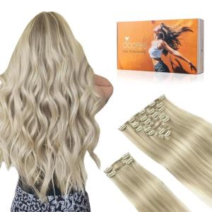 imageDOORES Hair Extensions Ash Blonde Highlighted Platinum Blonde 150g 9pcs 20 Inch Remy Human Hair Extensions Straight Natural Clip in Extensions
