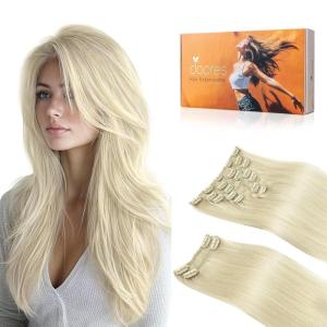 imageDOORES Hair Extensions Real Human Hair Clip in Platinum Blonde 18 Inch 150g 9pcs Remy Hair Extensions Clip in Human Hair Human Hair Extensions Clip ins Silky Straight Thick Real Hair