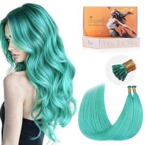 imageDOORES I Tip Extensions Teal Green 16 Inch 25g Straight Hair Extensions Green Real Hair Extensions