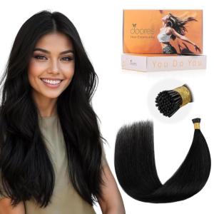imageDOORES I Tip Hair Extensions Human Hair Jet Black 50g50s 18 Inch Invisible I Tips Natural Cold Fusion Straight Natural