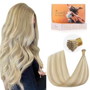 imageDOORES I Tips Hair Extensions 18 Inch Dark Blonde Highlighted Bleach Blonde 50g50s Straight Human Remy Hair Cold Fusion Microlink Installation