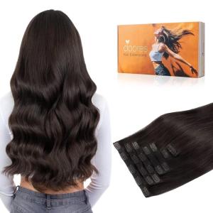 imageDOORES Invisible Edge Clip in Hair Extensions Dark Brown 130g 7pcs 18 Inch Virgin Thick Hair Extensions for Women Silky Straight Weft