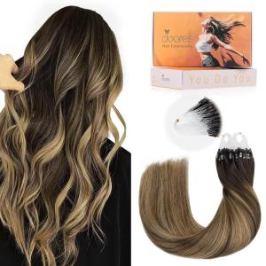 imageDOORES Micro Link Remy Hair Extensions for Women Balayage Chocolate Brown to Caramel Blonde 18 Inch 50g50s Invisible Micro Ring Hair Extensions Straight Hair