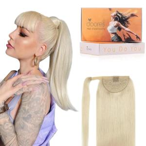imageDOORES Ponytail Extension Human Hair Extensions Platinum Blonde 18 Inch 80g Clip in Hair Extension Ponytail Straight Wrap Around Hair Extensions Remy Human Hair with Magic Paste Natural Hair60A Platinum Blonde