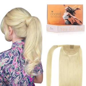 imageDOORES Ponytail Extension Human Hair Extensions Platinum Blonde 18 Inch 80g Clip in Hair Extension Ponytail Straight Wrap Around Hair Extensions Remy Human Hair with Magic Paste Natural Hair613 Bleach Blonde