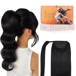 imageDOORES Ponytail Extension Human Hair Extensions Platinum Blonde 18 Inch 80g Clip in Hair Extension Ponytail Straight Wrap Around Hair Extensions Remy Human Hair with Magic Paste Natural Hair1 Jet Black