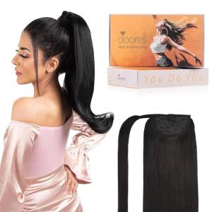 imageDOORES Ponytail Extension Human Hair Extensions Platinum Blonde 18 Inch 80g Clip in Hair Extension Ponytail Straight Wrap Around Hair Extensions Remy Human Hair with Magic Paste Natural Hair1b Natural Black